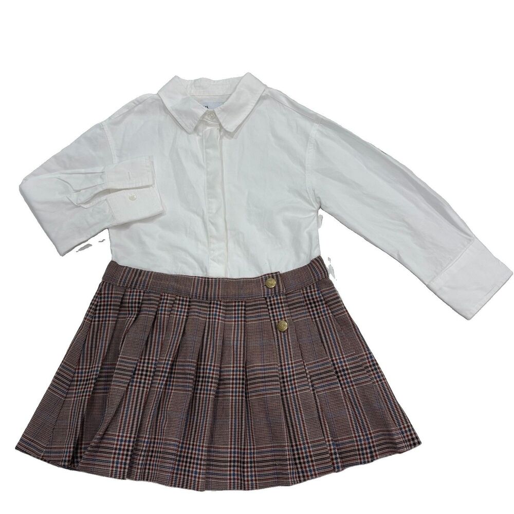 Zara Dress Girls Size 7 White Button Up Long Sleeve Plaid Skirt Neutral Chic